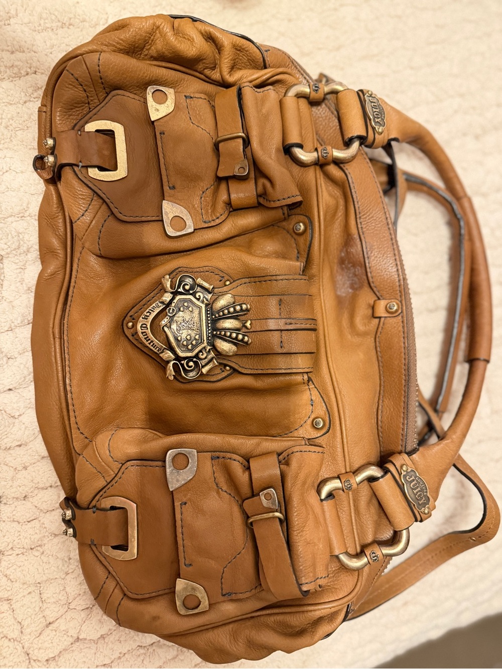 Juicy Couture Tan Leather Shoulder Bag with Ornate Metal Crest